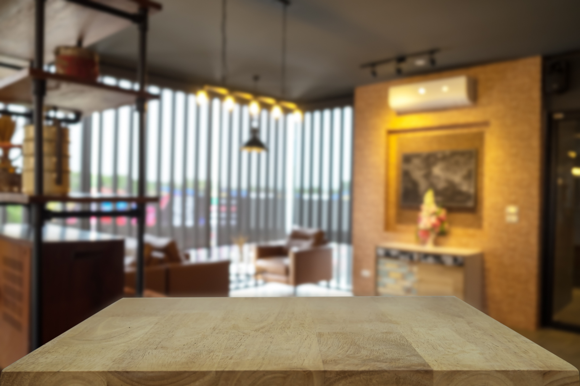 Empty Wooden Table with Restaurant Cafe Background 
